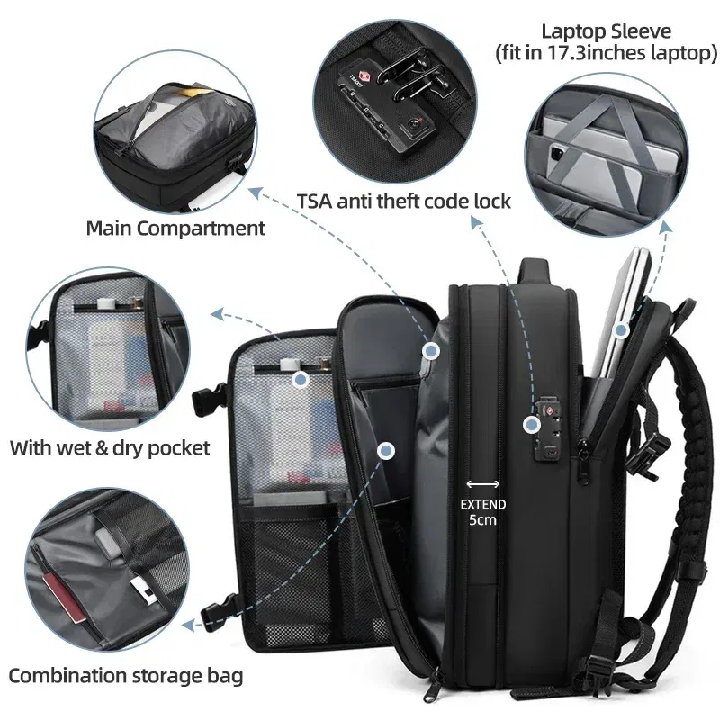 Color: SKY BLUE - Men Travel Backpack vacuum compression Laptop Backpack 17 inch Extended Large Capacity school Backpack Hiking Business backpack