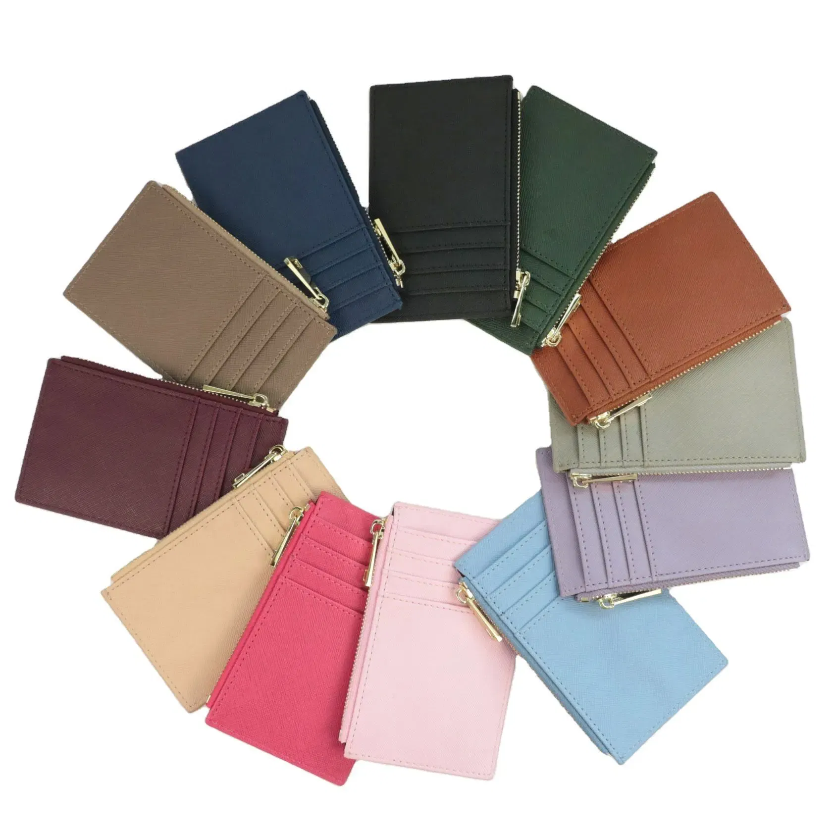 Color: ROSE RED - Custom Name Saffiano Leather Zip CardHolder Multiple Colors Ultra Thin Coin Purse Drop Shipping Small  Women Credit Card Wallet