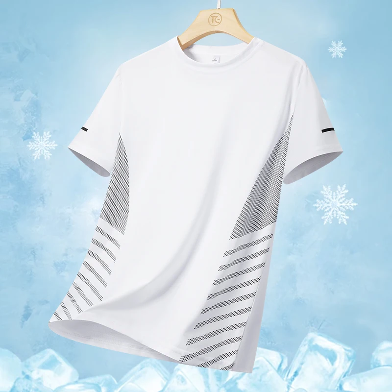 Color: Gold, Size: 5XL - Men's Silk Ice Round Collar T-shirt, Simple Running Fitness Suit, Breathable Thin T-shirt, Quick Dry T-shirt, Summer