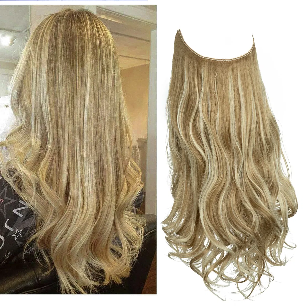 Color: T1B/350, Stretched Length: 18inches - Synthetic No Clip Wave Hair Extensions Ombre Natural Black Blonde Pink One Piece False Hairpiece Fish Line Fake Hair Piece