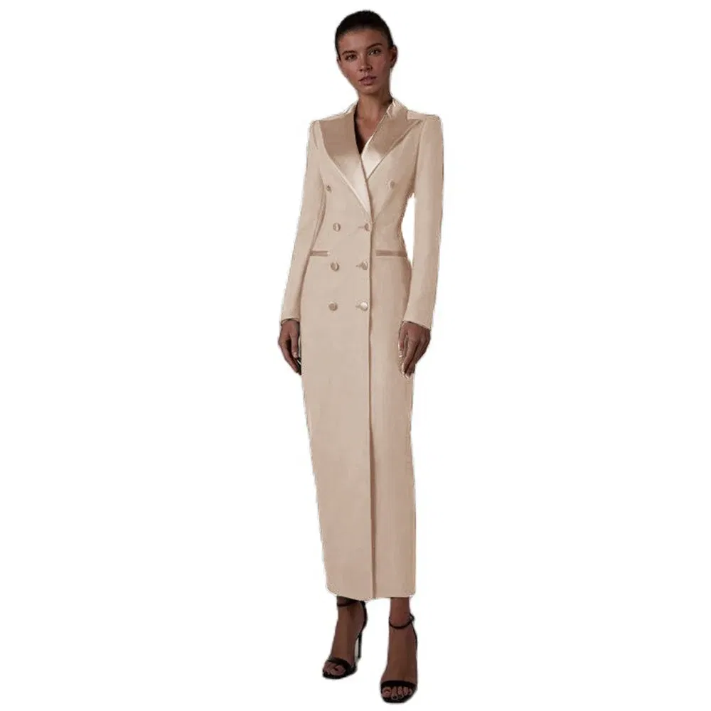 Color: Beige, Size: L - Women's Suit Long Jacket One Piece Blazer Double Breasted Formal Tuxedo Party Dress кос?‚юм ?¶?µнский
