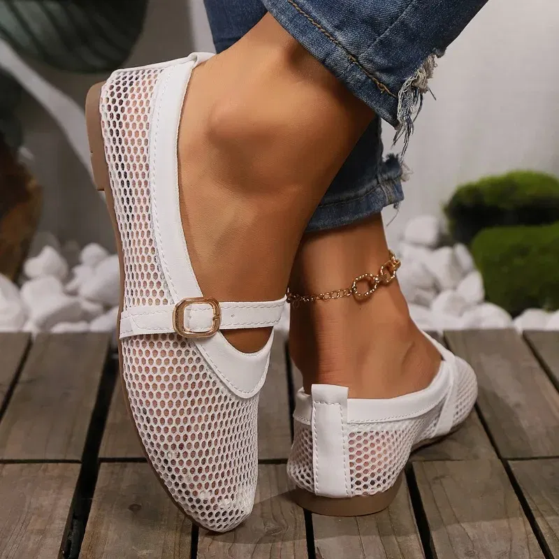 Color: black, Shoe Size: 40 - Round head one buckle strap ballet shoes women's soft bottom flat hollow Mary Jane single fishing net shoes