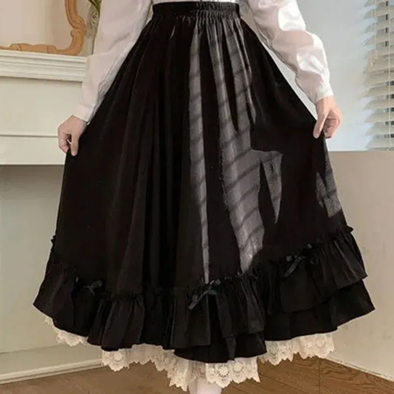 Color: black, Size: L, Ships From: CHINA - Japanese ruffles pleated skirt woman sweet high waist loose Ankle-length skirts women college style black patchwork A-line skirt