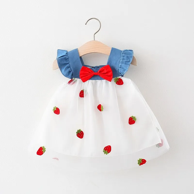 Color: Pink, Kid Size: 6M - Summer girl dress baby girl small flying sleeves denim top with patchwork strawberry embroidery mesh suspender princess dress