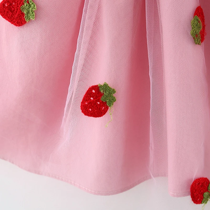 Color: Pink, Kid Size: 6M - Summer girl dress baby girl small flying sleeves denim top with patchwork strawberry embroidery mesh suspender princess dress