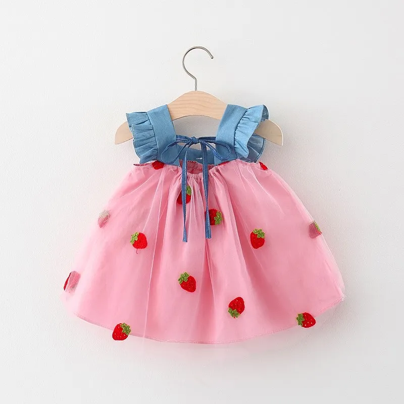 Color: Pink, Kid Size: 6M - Summer girl dress baby girl small flying sleeves denim top with patchwork strawberry embroidery mesh suspender princess dress
