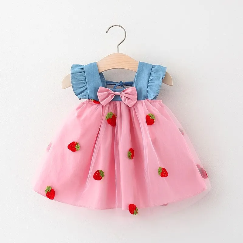 Color: Pink, Kid Size: 6M - Summer girl dress baby girl small flying sleeves denim top with patchwork strawberry embroidery mesh suspender princess dress