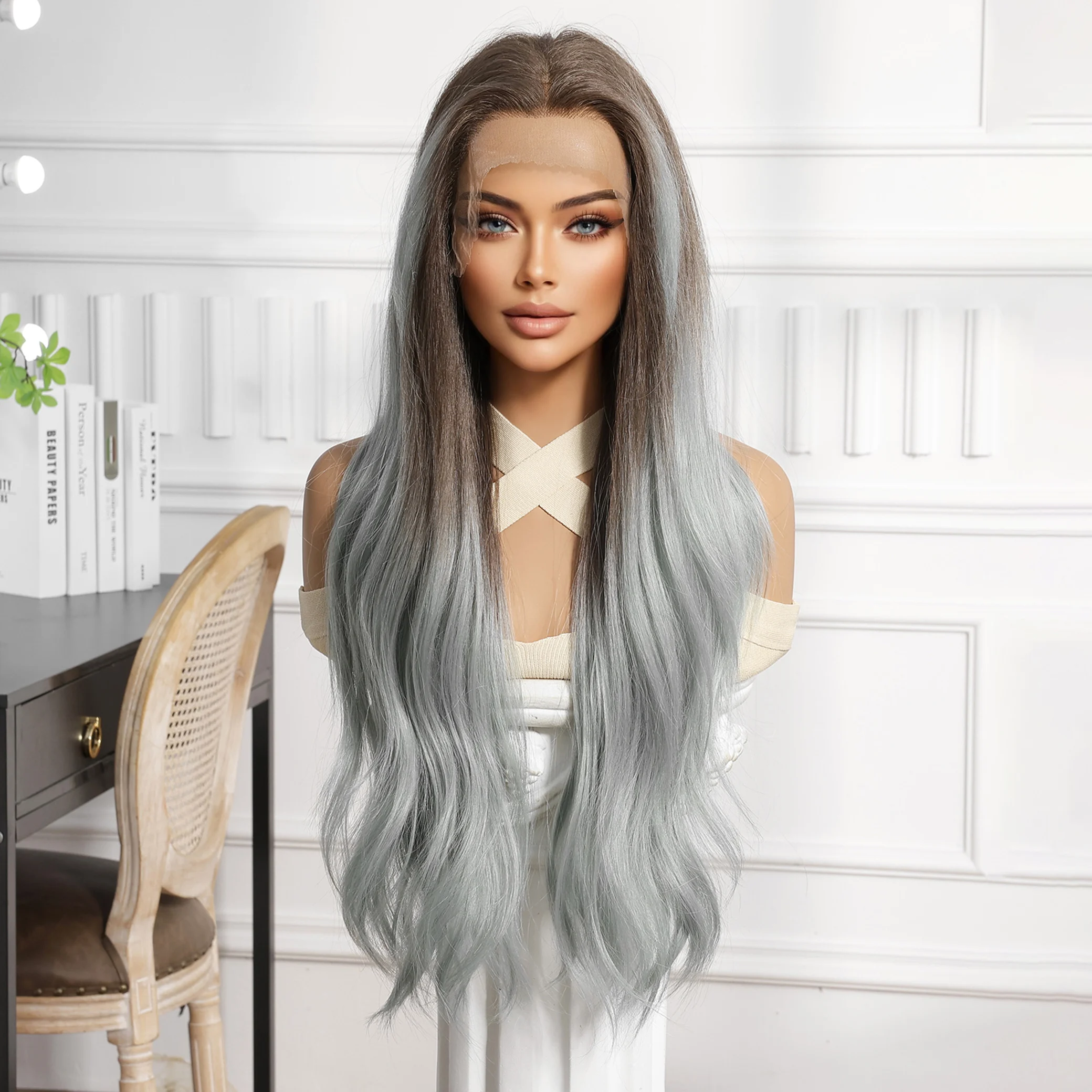 Color: #13, Bulk Buy: 1pc, Density: 150%, Ships From: CHINA - CharmSource 13x6 Lace Wig Long Wavy Brown Gray Wigs with Dark Root for Women Daily Party Cosplay Wedding High Density