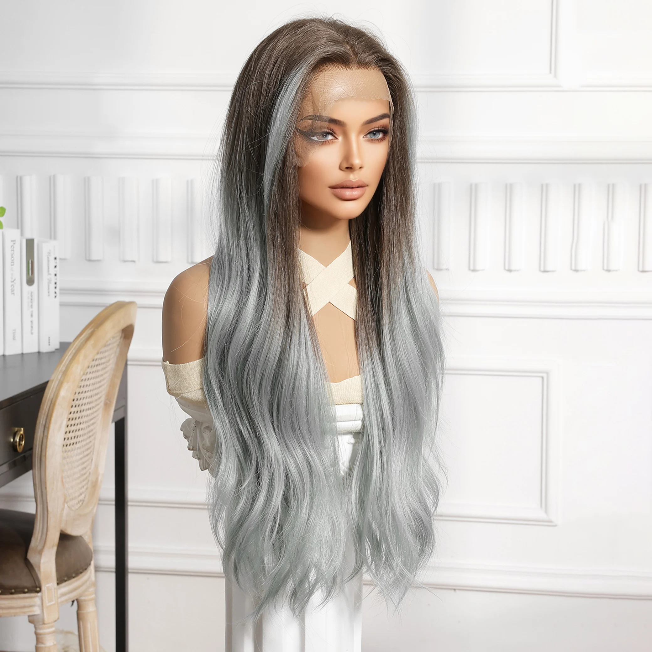 Color: #13, Bulk Buy: 1pc, Density: 150%, Ships From: CHINA - CharmSource 13x6 Lace Wig Long Wavy Brown Gray Wigs with Dark Root for Women Daily Party Cosplay Wedding High Density
