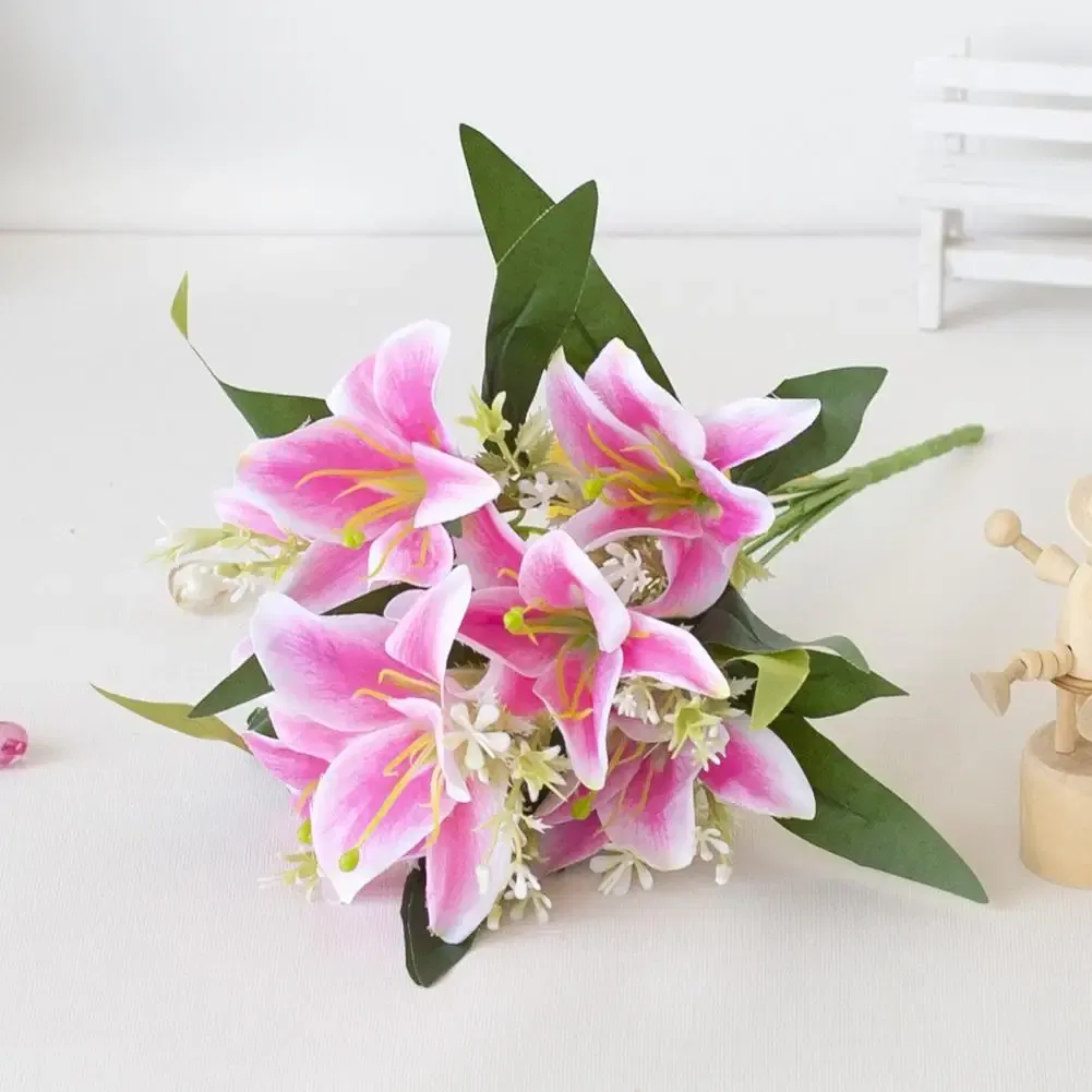 Color: Yellow - 1Pc Artificial Lilies Flower No Withering Non-fading Single Branch Multi-fork Artistic Modern Style Fake Flower for Wedding