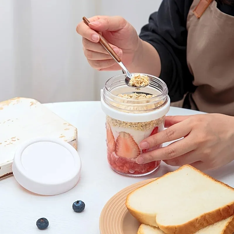 Color: Green, Capacity: 301-400ml - 350ML Overnight Oat Cup Glass With Lid And Spoon Seal Food Breakfast Cup Portable Cereal Milk Salad Yogurt Cup Kitchen Item