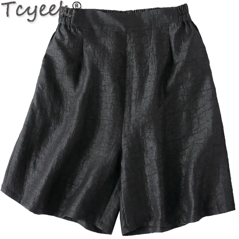 Tcyeek 100% Real Mulberry Silk Shorts 2024 Women Viantge Black Trousers Casual Elastic Waist Women's Shorts Шор?‚?‹ ?–?µнский