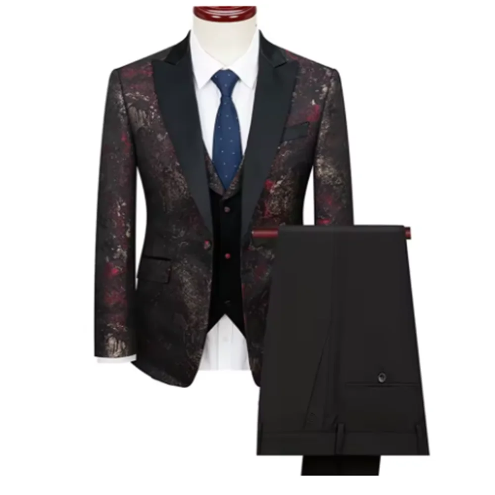 Color: Red, Size: L - Green Men's Suit 3-Piece, Wedding Party Dress Jacket with Vest & Trousers, Asian Size Slim Men Sets, Beige Black Blue Available