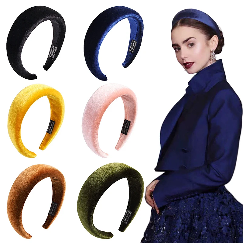 Color: Yellow - 2020 New Padded Headbands for Women Wide Bezel Hairbands Thick Velvet Hair Hoop Girls Sponge Non-slip Hairband Hair Accessories