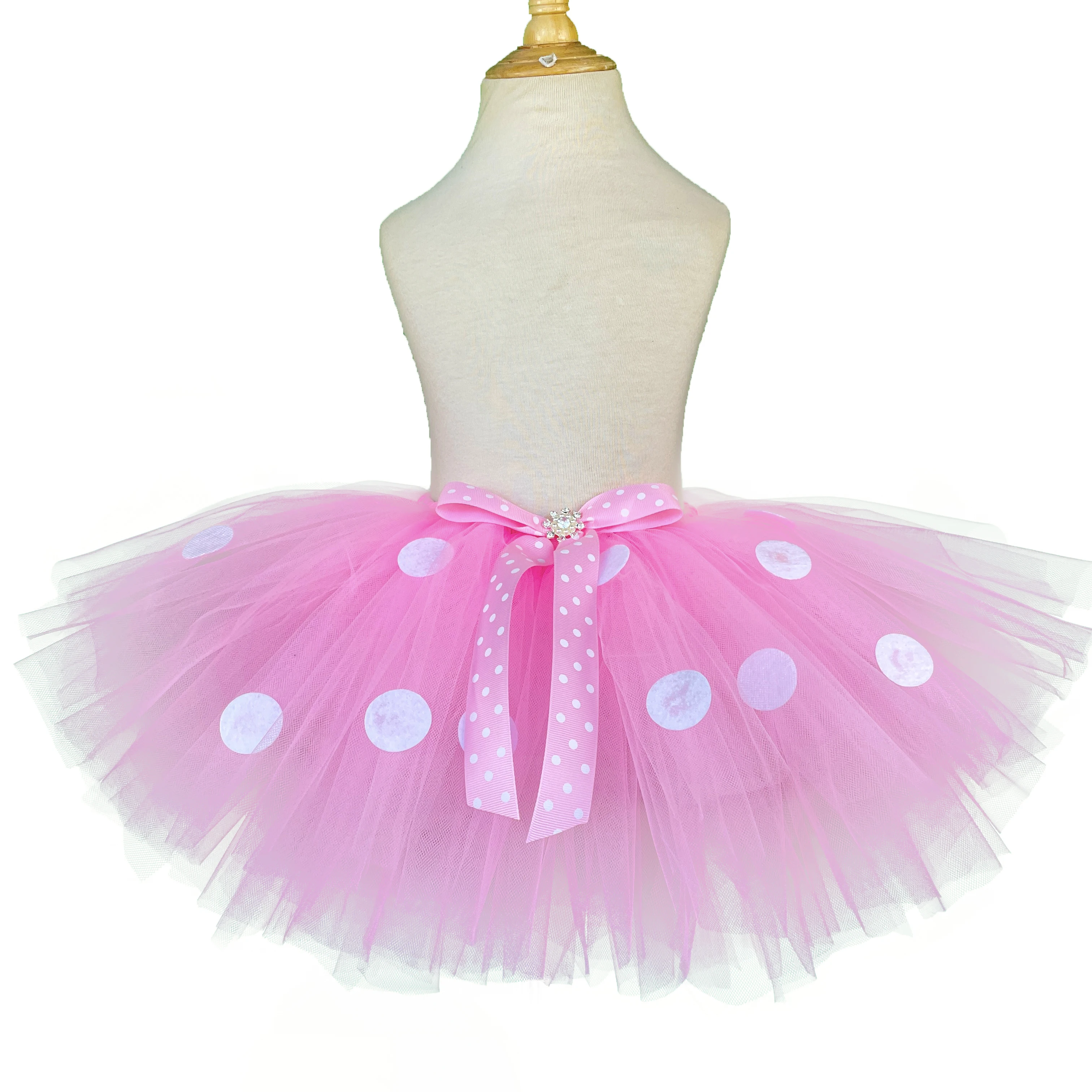 Color: MULTI, Kid Size: 5 - Girls Pink Cartoon Tutu Skirts Baby Ballet Tulle Pettiskirts with White Polka Dots and Hairbow Kids Cosplay Party Costume Skirt