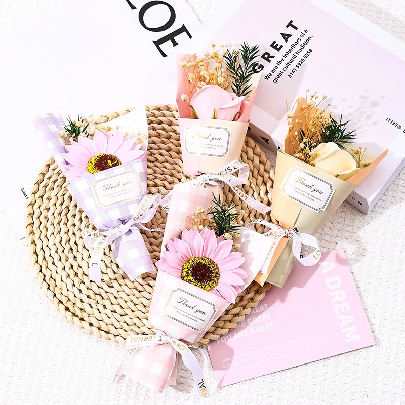 Color: Pink - Flower Bouquet Rose Sunflower Simulation Flower Creative Artificial Soap Flower Party Wedding Decoration Valentine's Day Gift
