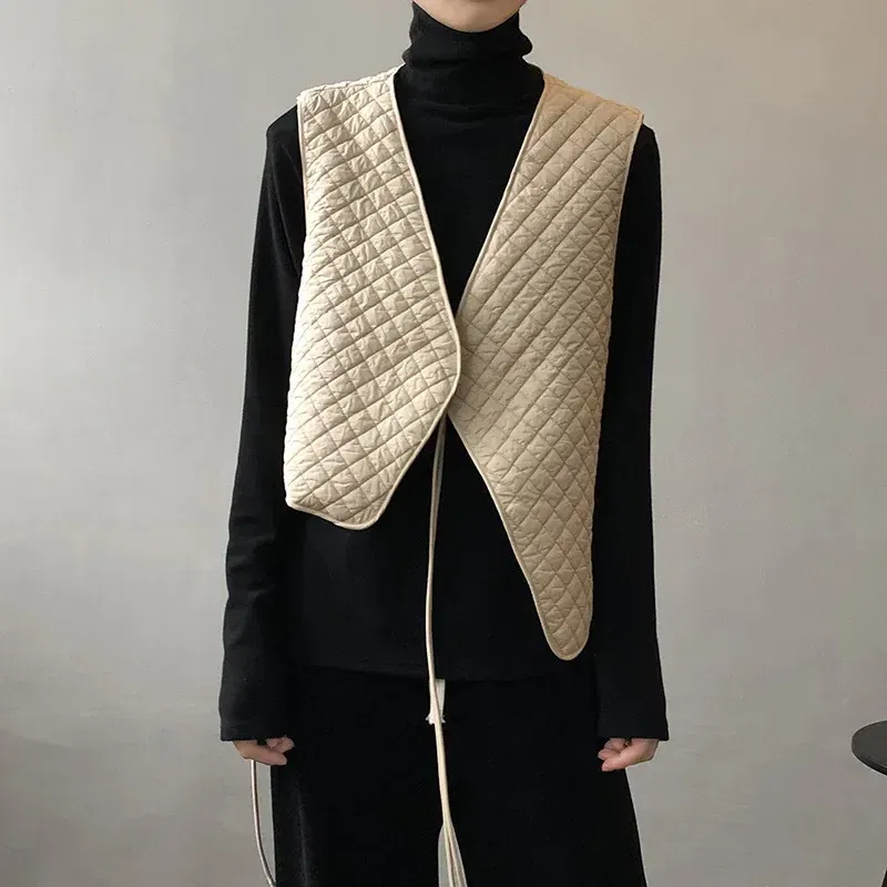 Color: Beige, Size: M - Women Clothes Fashion Casual Diamond Check Cotton Vest 2024 Winter New Girl Temperament Korean style Loose Casual Padded Vest