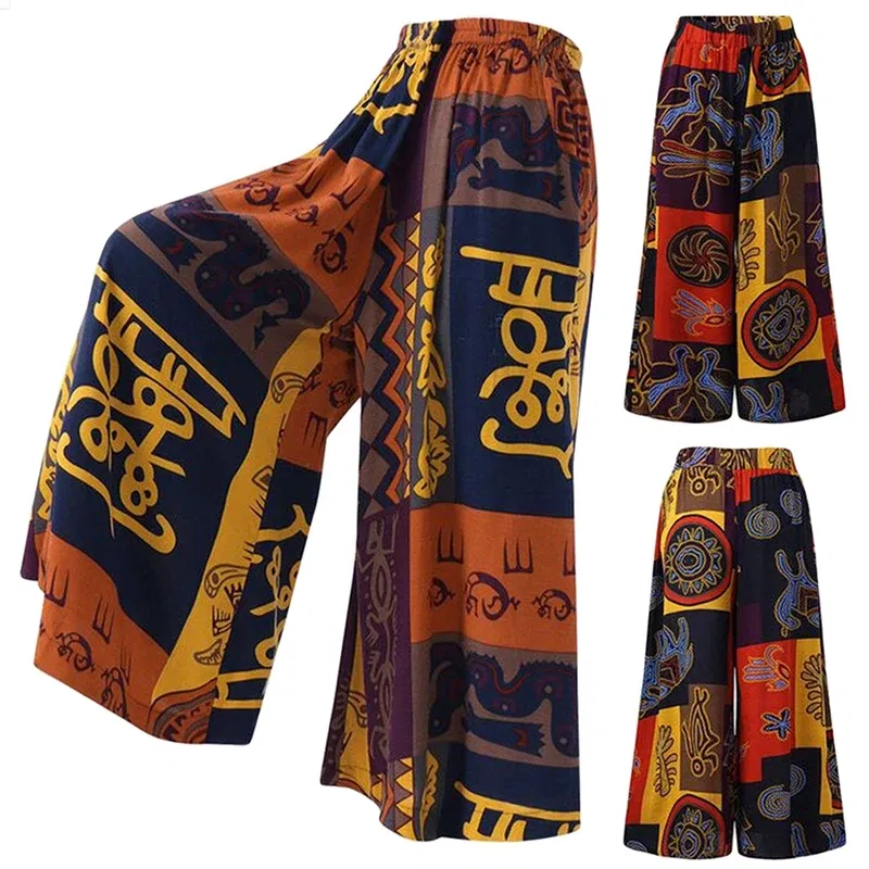 Color: Orange, Size: 5XL - Ethnic Style Wide Leg Trousers Women Yoga Harem Pants Gypsy Hippie Thai Boho Court Pants Ruched Waist Aladdin Women's Pants