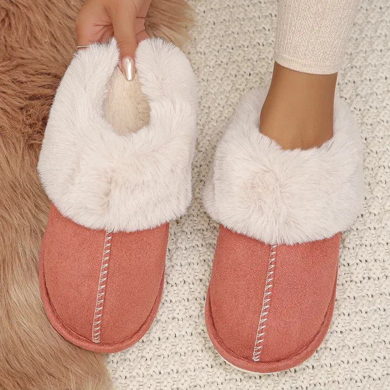 Color: Red, Shoe Size: 42 - Closed Toe Warm Cotton Slippers Women Faux Fur Thicken Plush Winter Home Shoes Woman Lightweight Casual Indoor Slides Female