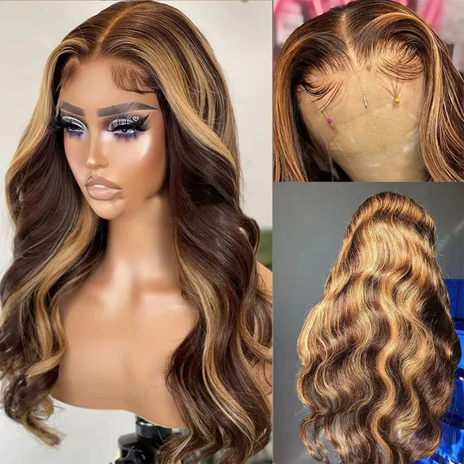 30 32 Inch Highlight Human Hair Body Wave 13x4 Hd Lace Front Wig Brazilian Highlight Colored 13x4 Hd Lace Frontal Wigs For Women