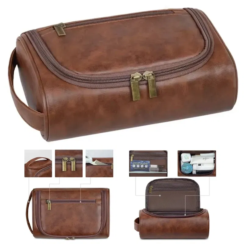 Color: Blue - High Quality Travel Toiletry Bag For Women Men Retro PU Leather Cosmetic Bags Female Waterproof Travel Makeup Bag