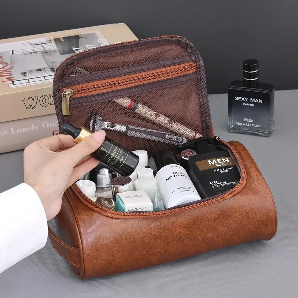 Color: Blue - High Quality Travel Toiletry Bag For Women Men Retro PU Leather Cosmetic Bags Female Waterproof Travel Makeup Bag