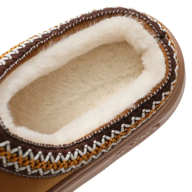 Color: Khaki, Shoe Size: 44-45 - Comfort Thick Bottom Cotton Slippers Women 2025 Winter Warm Thick Plush Non Slip Furry Clogs Shoes Embroidery Suede Snow Boots