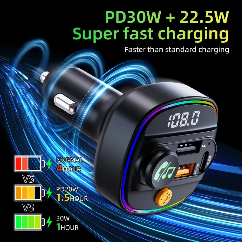 Color Name: GRAY, Ships From: CHINA - Bluetooth 5.3 FM Transmitter Handsfree Car AUX Radio Modulator MP3 Player with 22.5W & PD30W Fast Charge Adapter Car Accessories