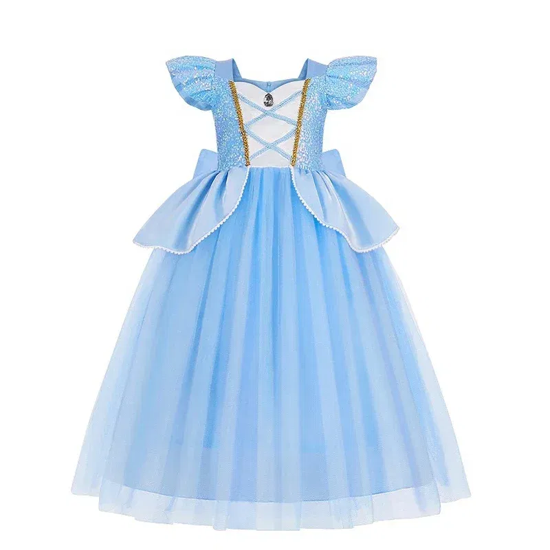 Color: GRAY, Kid Size: 14 - Disney Deluxe Elegant Rapunzel Princess Ball Gown Fancy Birthday Party Dress Cinderella Vestidos Costume Play Carnival Apparel
