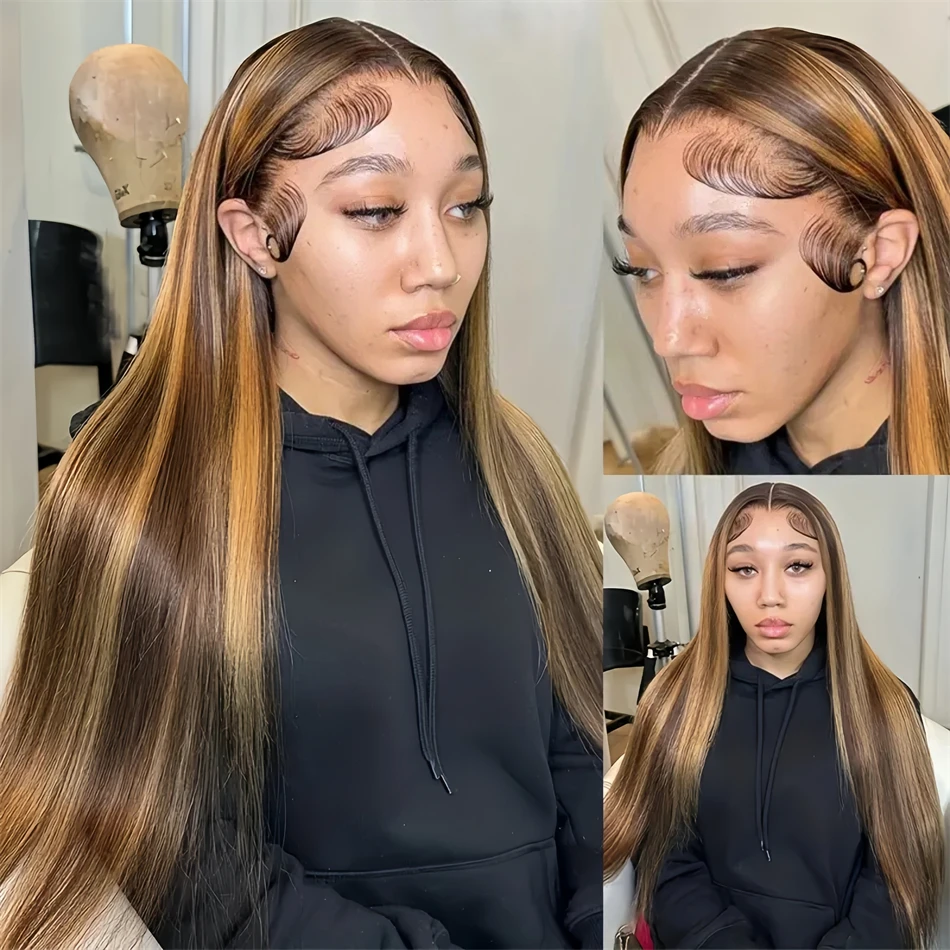 Highlight Straight 13x6 Hd Transparent Lace Frontal Wigs Human Hair 13x4 Hd Lace Front P4/27 Colored Preplucked Wig for Women