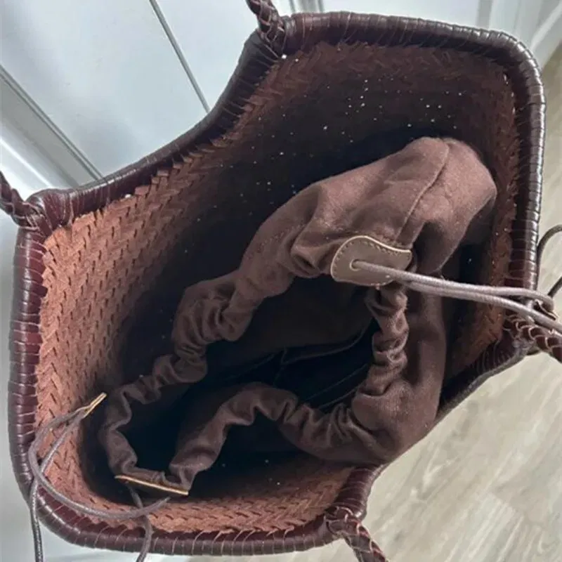 100% Natural Cowhide Weave Handbags Hand Designer  Genuine Leather Female Totes Vintage Women's Cowskin Lady Large Shopping Bags
