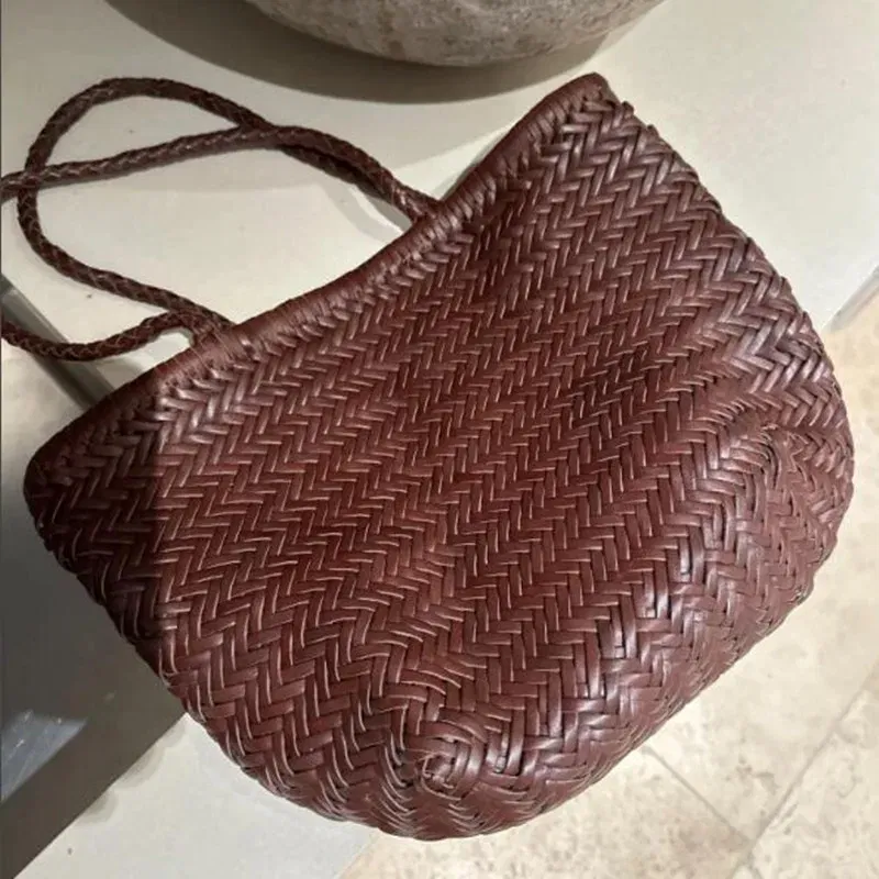 100% Natural Cowhide Weave Handbags Hand Designer  Genuine Leather Female Totes Vintage Women's Cowskin Lady Large Shopping Bags