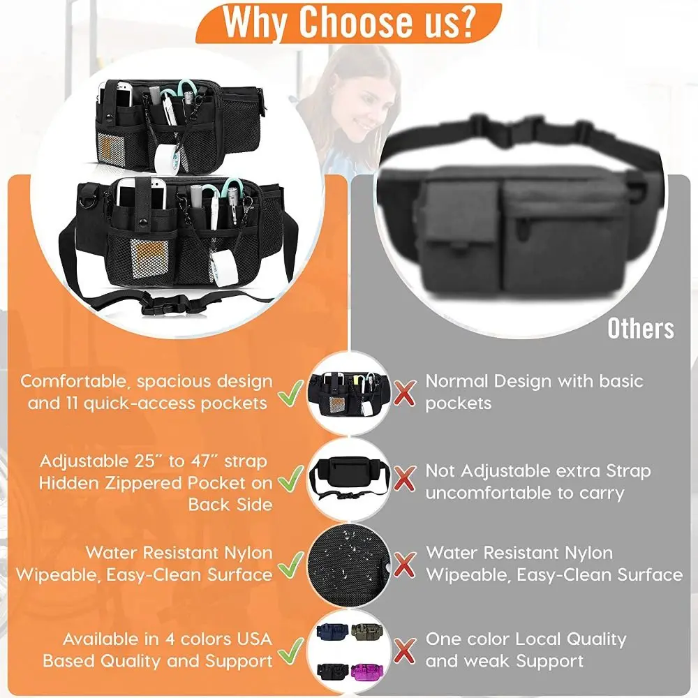 Color: black - Adjustable Nurse Fanny Pack Portable Large Capacity Polyester Nurse Pouch Waist Bag Multi Compartment Pocket Belt Organizer