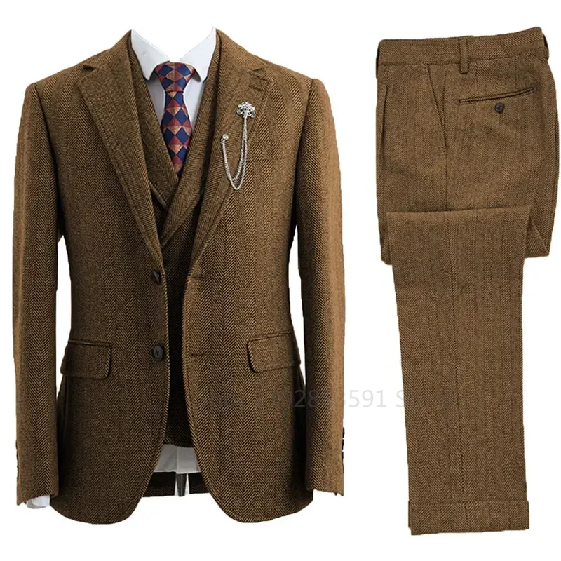 Color: GRAY, Size: XXXL - 3 Piece Men Suit Tweed Herringbone Double-Breasted Wedding Tuxedos Size Men Clothing Casual Style Men's Fashion Costume Homme