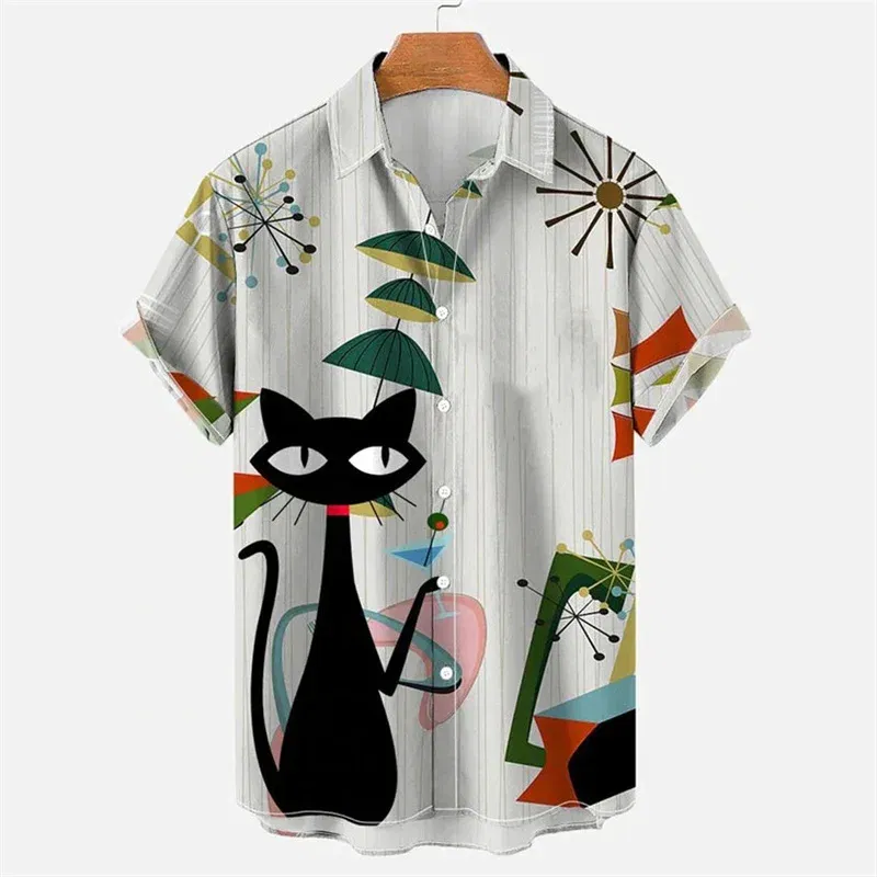 Color: Beige, Size: 4XL - Men's Summer Shirts Egyptian Cat 3D Pattern Shirt Summer Lapel Short Sleeve Vintage Tops 2023 Unisex Men's And Women's Clothing
