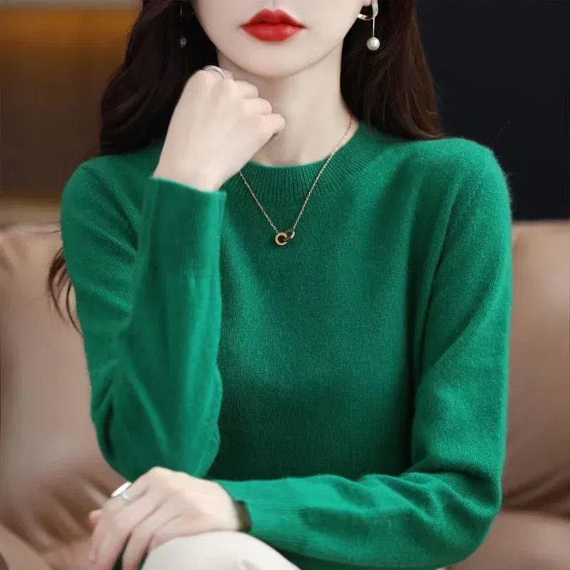 Color: green, Size: S - Women Slim O-Neck Solid Pullover Cashmere Wool Blending Sweater Autumn And Winter Long-Sleeved Knit Bottoming Shirt Large Size