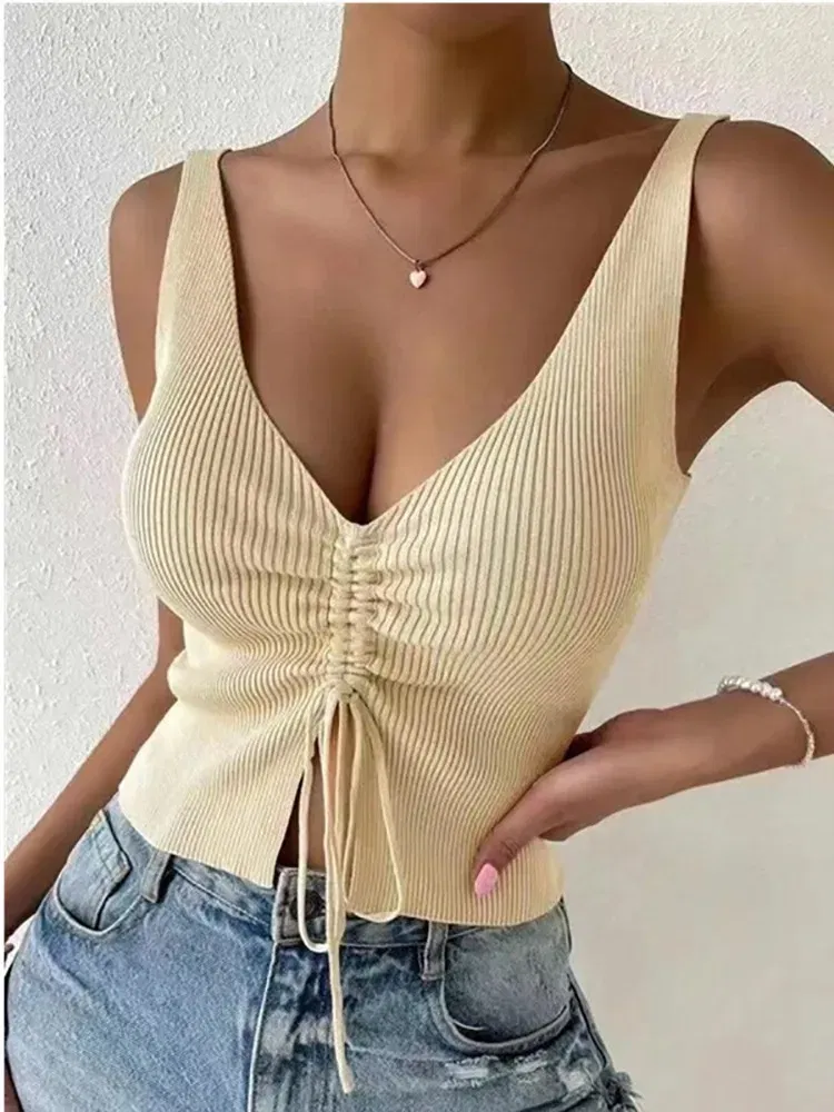 Color: WHITE, Size: One Size - New Summer Women Drawstring Front Ribbed Knit Tops Femme Sexy V Neck Sleeveless Crop Top Clothes High Stretch Split Cropped Tank