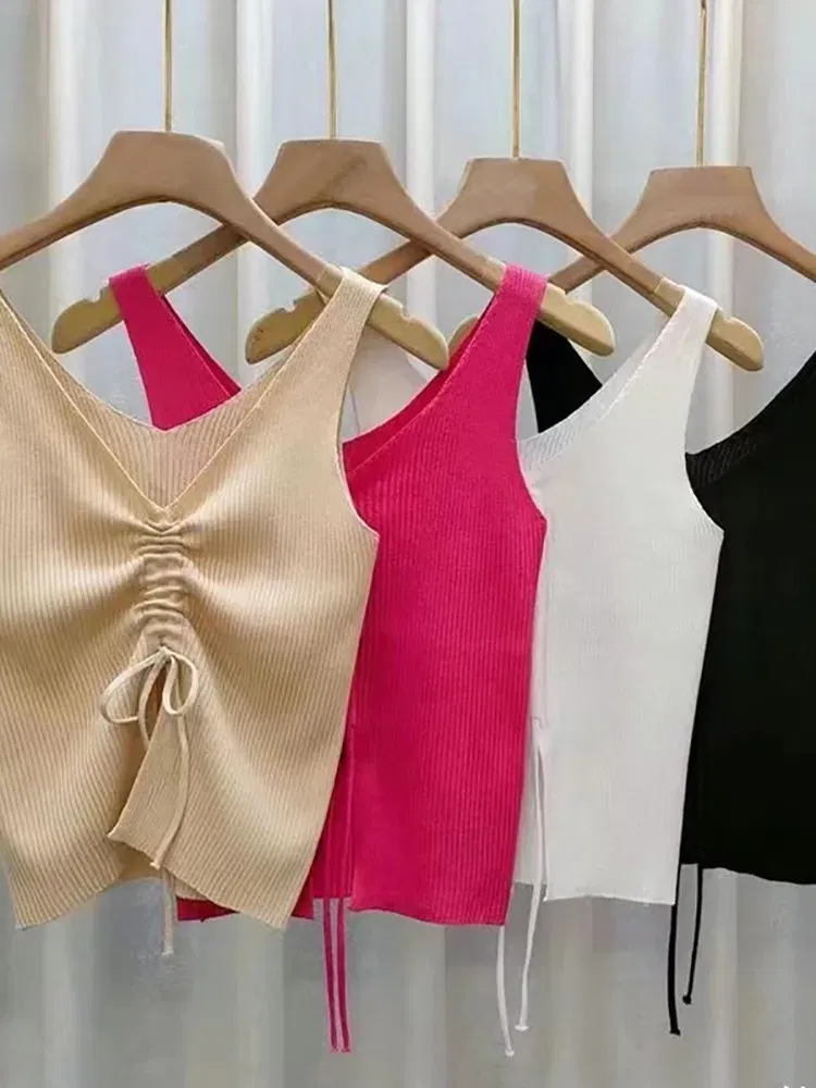 Color: WHITE, Size: One Size - New Summer Women Drawstring Front Ribbed Knit Tops Femme Sexy V Neck Sleeveless Crop Top Clothes High Stretch Split Cropped Tank