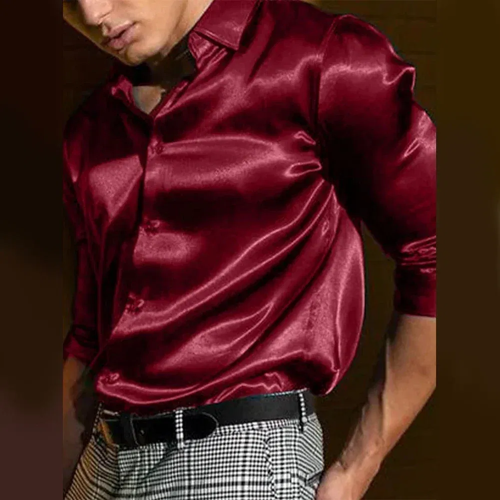 Color: black, Size: XL, Ships From: CHINA - Casual Men's Satin Silk Dress Shirts Long Sleeve Social Single Breasted Button Turn-Down Collar Shirts Wedding Party Men Clothes