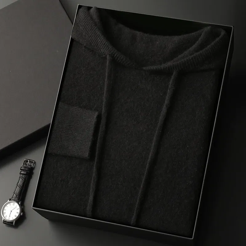 Color: black, Size: XL - MEETCC Luxury Men Cashmere Hooded Pullover Thick Warm Hoodie Sweater Autumn Winter 100% Cashmere Knitwear Quality Jumpers Tops