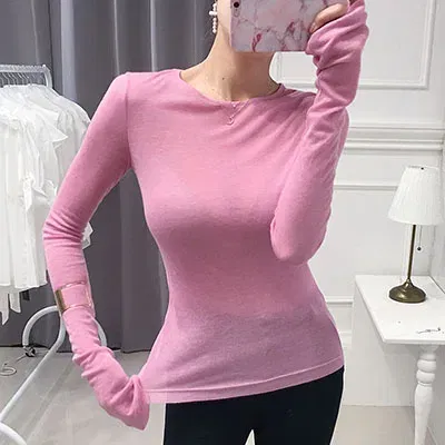 Color: Pink, Size: One Size - Shintimes Sexy Shirt Women T-Shirt Long Sleeve Korean Style Slim Basic Elasticity Tshirt Top Womens Clothing T Shirt Femme
