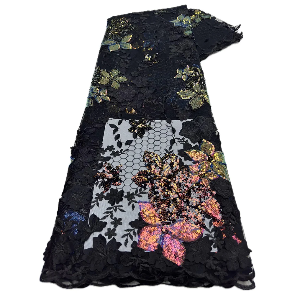 Color: BROWN, length: 5 yards, Width: 120cm - African French Mesh Tulle Lace Fabric Nigerian Embroidey Fabrics Sequins High Quality 2025 For Sew Evening Dresses 5 yards