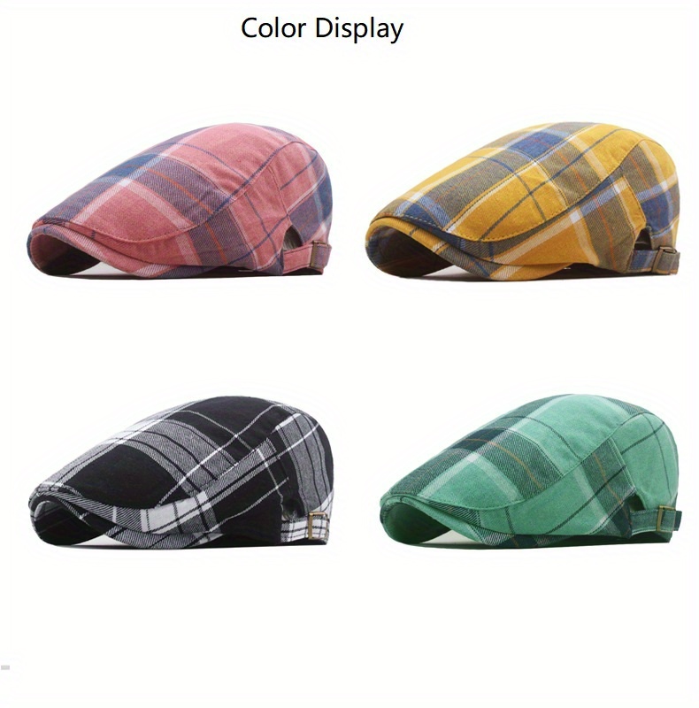 Color: Black - Men's Plaid Pattern Flat Cap Newsboy Hat Women Beret Cabbie Gatsby Cap