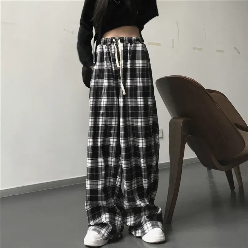 Color: black, Size: M - Oversize Women Sweatpants Fashion Black Plaid Casual Pants Baggy Elastic Waist Pockets Student Unisex Hip Hop Loose Trousers