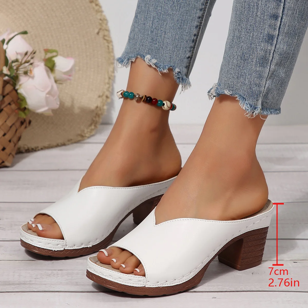 Color: Blue, Shoe Size: 38 - Women's Open-Toe High-Heel Slippers Summer New Fashion Outdoor Wear Slip-On Shoes 36-43 Sizes Polyurethane Upper Cushioning