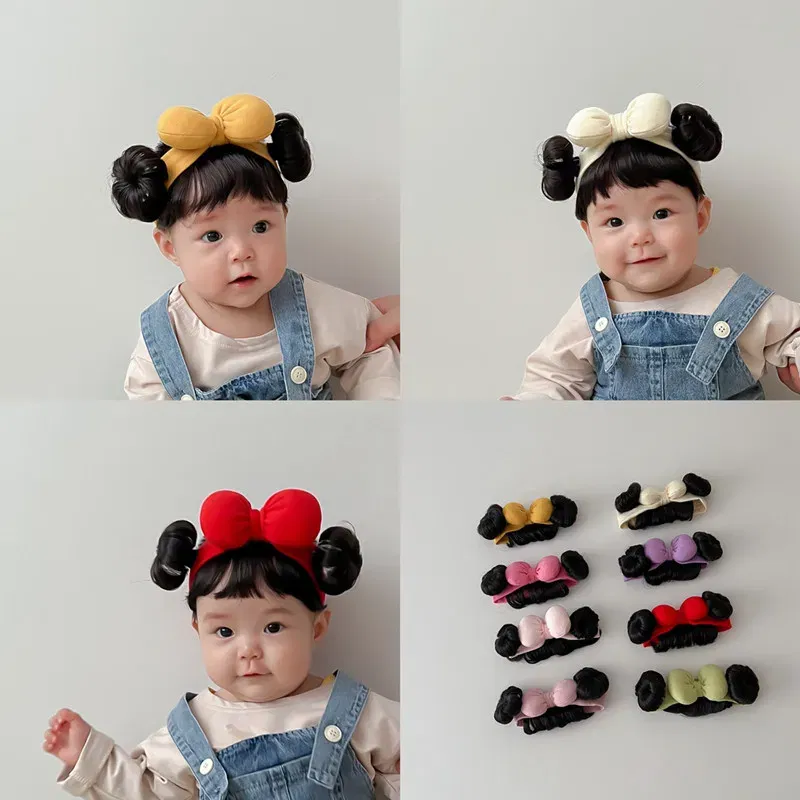 Color: Pink - New Year Hair Accessories Cute Bow Baby Girl Wig Hat Hairpiece Christmas Newborn Children Kids Girls Cosplay Headbands Headwear