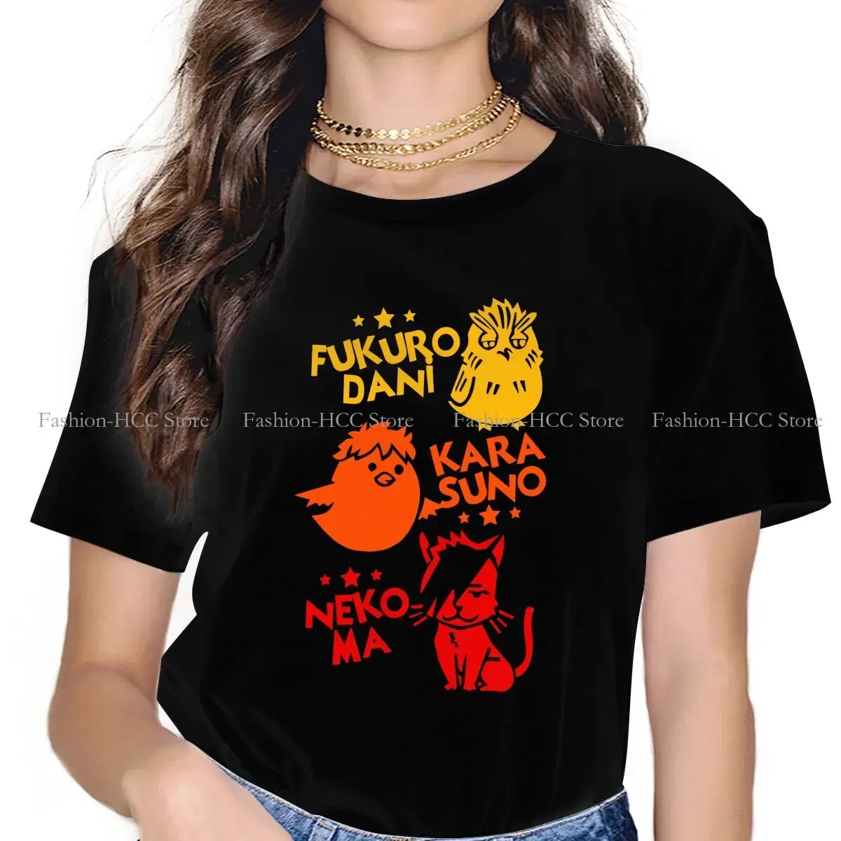 Color: black, Size: XL - Best Team O Neck Polyester TShirt Haikyuu Cartoon Anime Classic T Shirt Women Tops