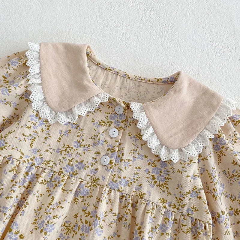 Color: Coffee, Kid Size: 5 - Sweet Kids Baby Girls Long Sleeve Flower Printing Princess Dress Autumn Baby Girls Doll Collar Dress Children Clothes Dress