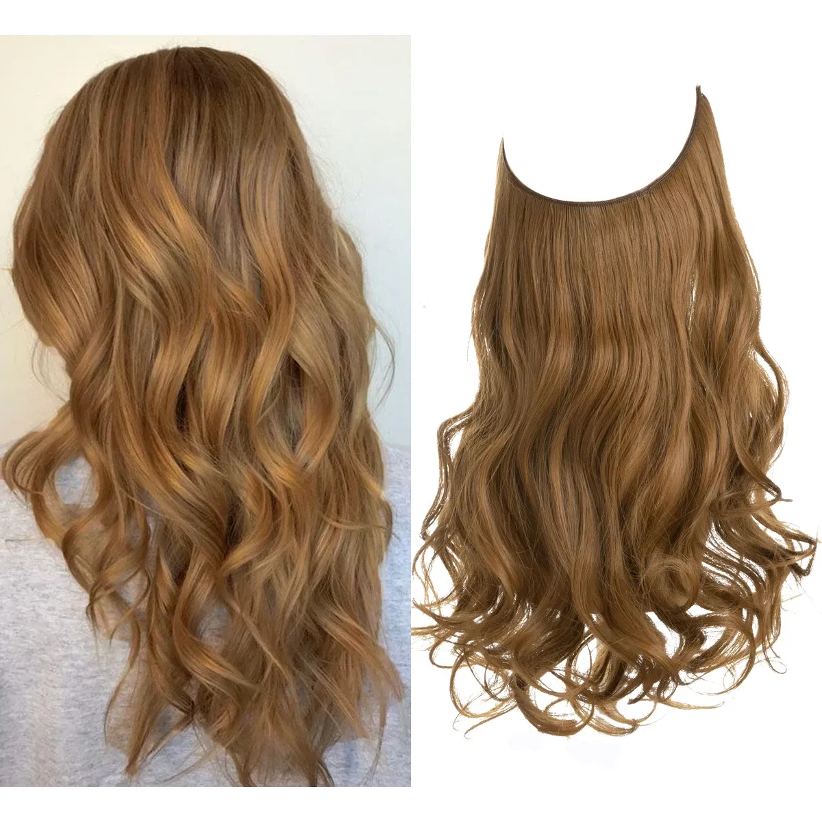 Color: Bug, Stretched Length: 18inches - Synthetic No Clip Wave Hair Extensions Ombre Natural Black Blonde Pink One Piece False Hairpiece Fish Line Fake Hair Piece