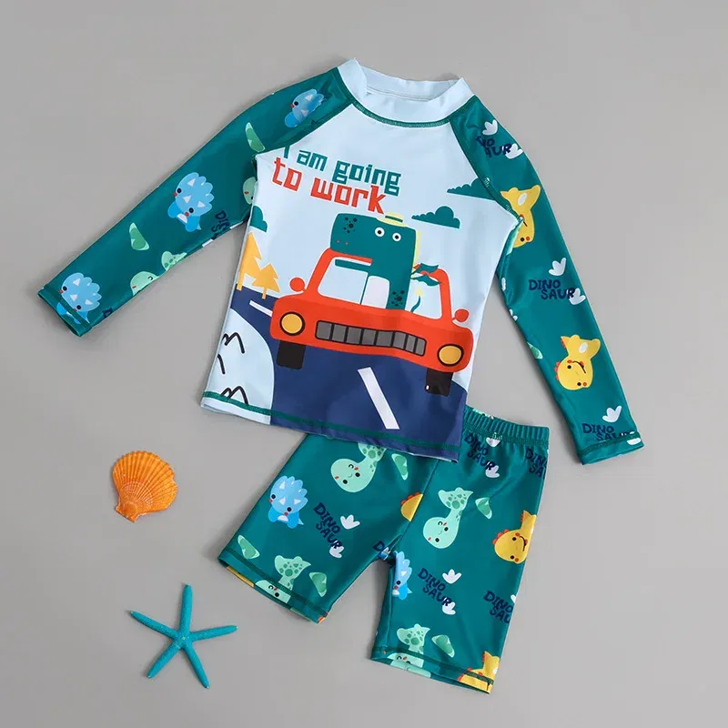 Color: GRAY, Kid Size: 24M - Children Swimsuit  Kids Boys Girls Swimwear  Children Surfing Wear  Sunscreen Quick Dry Swimwear Car Cartoon Swimsuit Beach Wear